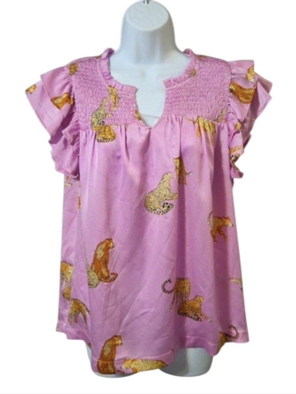 Umgee Pink Leopard Print Ruffle Sleeve Top - Picture 2 of 7